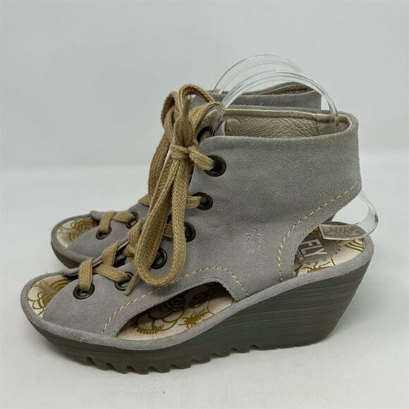 Fly London Women's Gray and Tan Suede Lace-Up Wedge Sandals Size 38 (US 7-7.5) - Picture 6 of 13